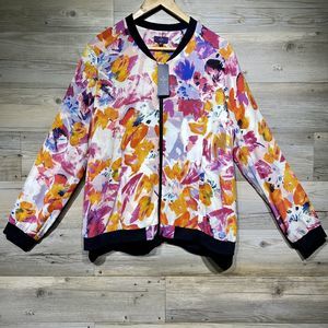 NYDJ Bomber Jacket Women’s XL Bold Colorful Tropical Floral Full Zip Lined Silky
